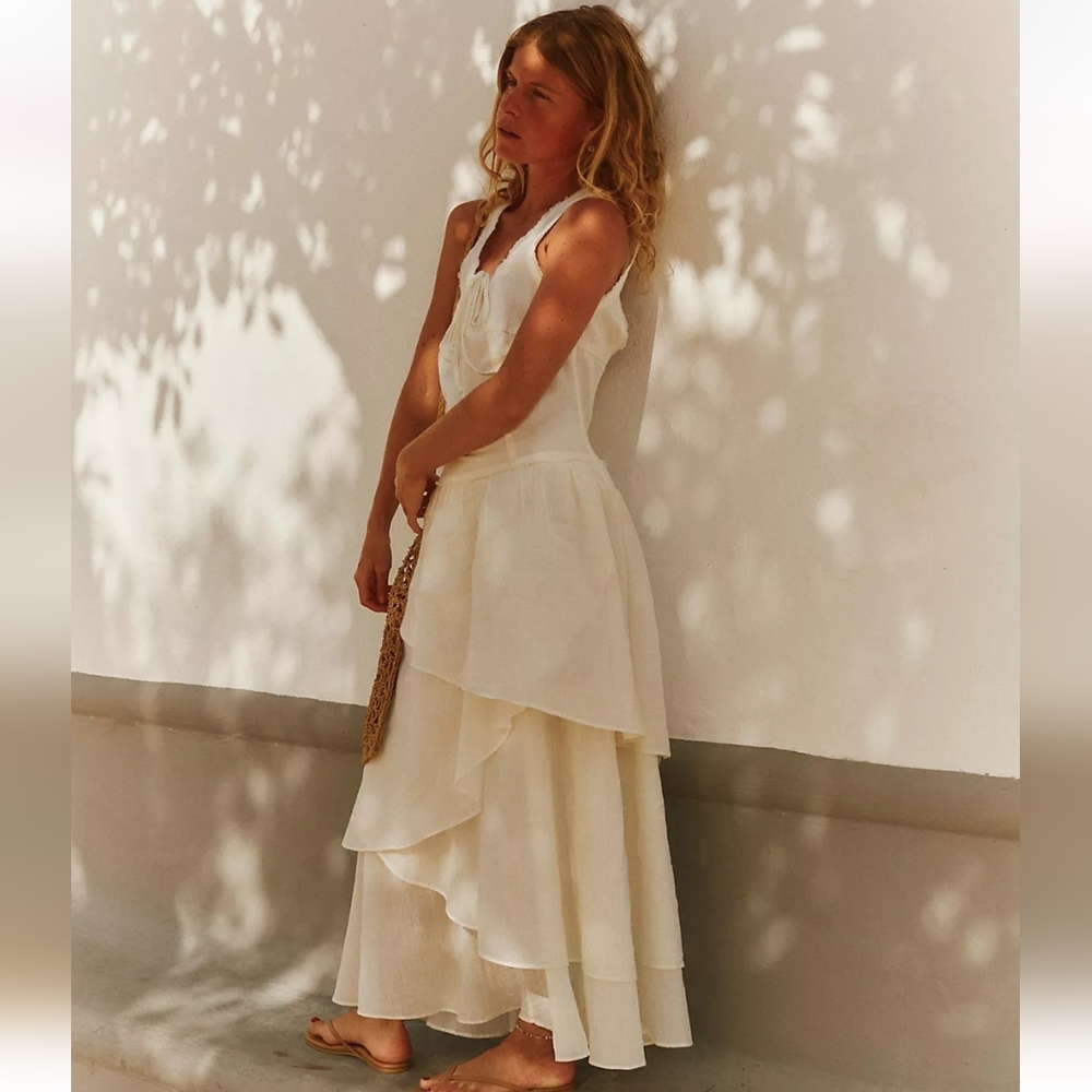Romantic 100% Cotton Free People In My Dreams White Tiered Maxi Dress - Picture 4 of 10